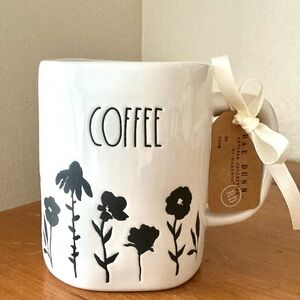 Rae Dunn White Mug with Black Floral Silhouettes and COFFEE Lettering